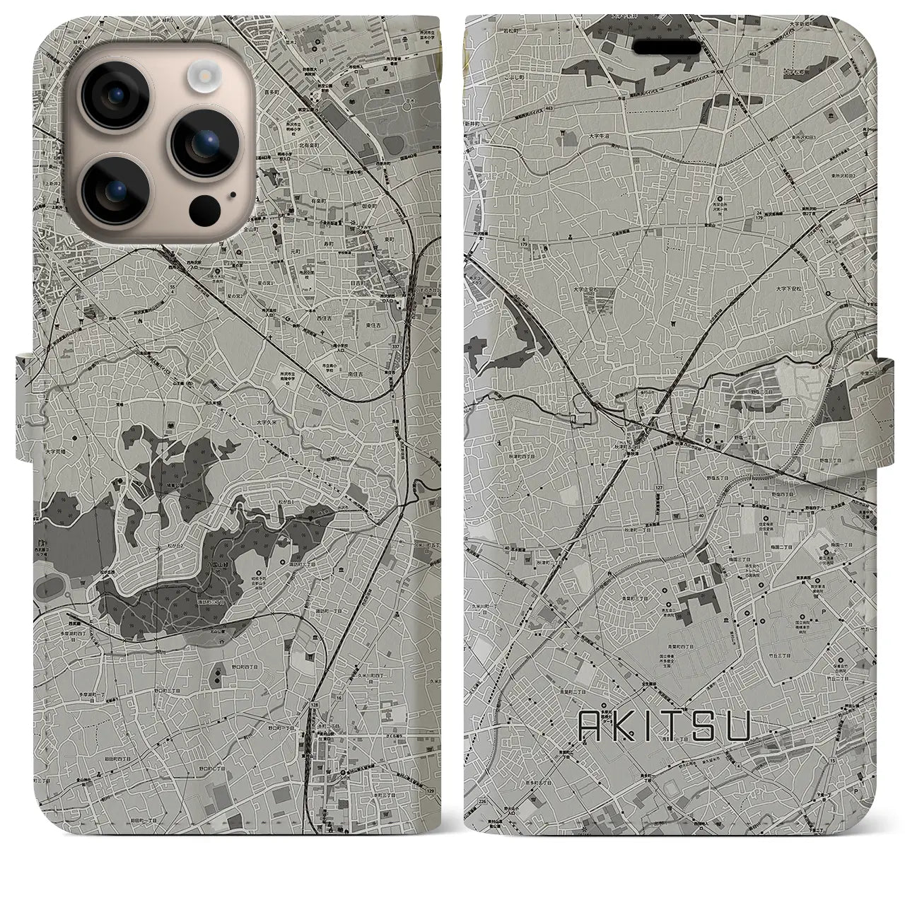 【秋津(東京都)】地図柄iPhoneケース(手帳タイプ)モノトーン・iPhone 16 Plus 用