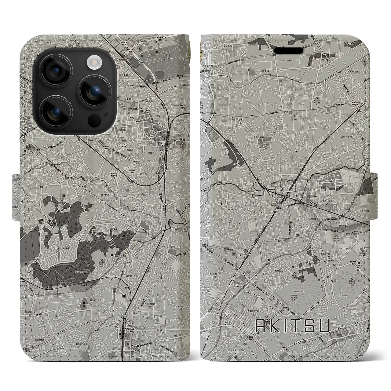 【秋津(東京都)】地図柄iPhoneケース(手帳タイプ)モノトーン・iPhone 16 用