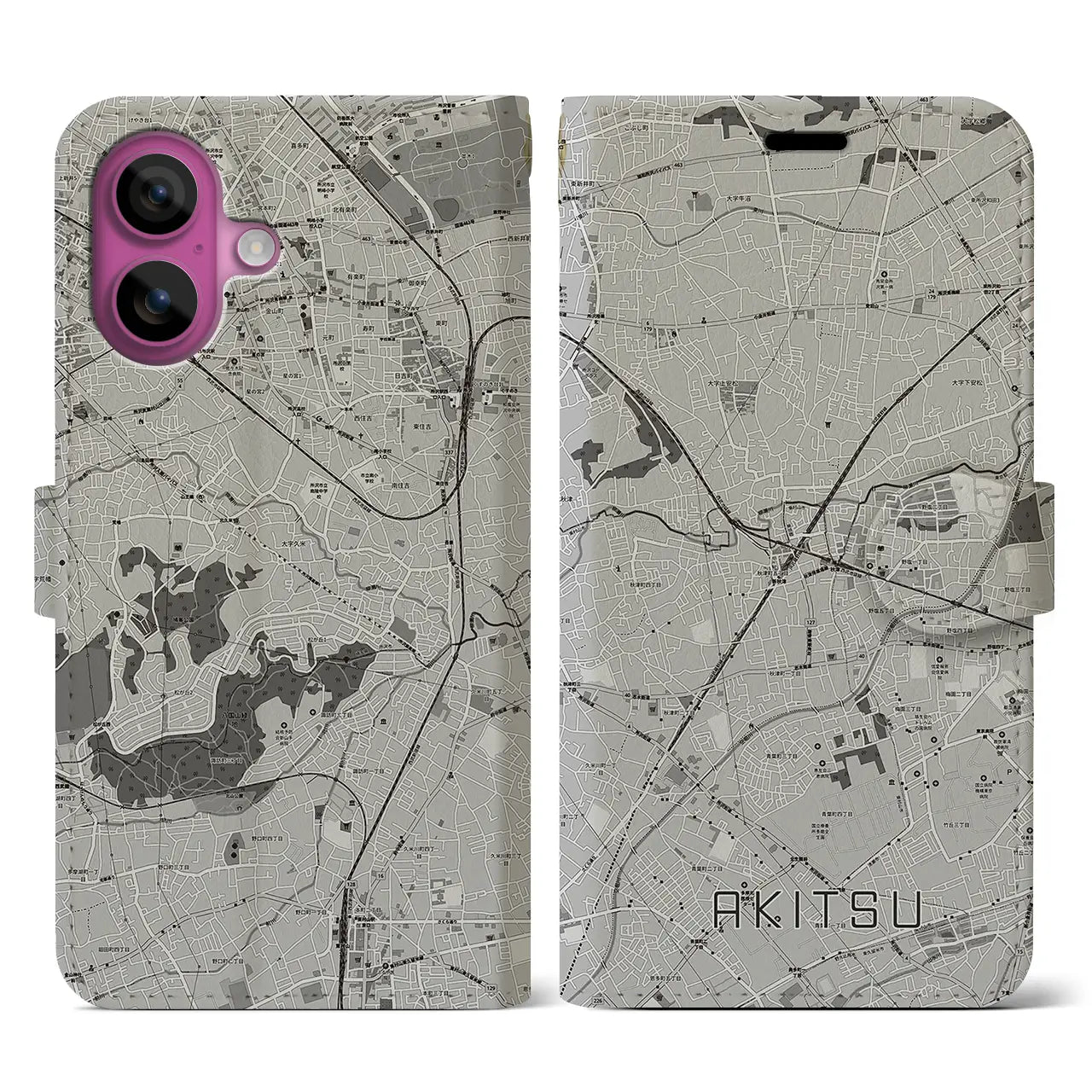 【秋津(東京都)】地図柄iPhoneケース(手帳タイプ)モノトーン・iPhone 16 Pro 用