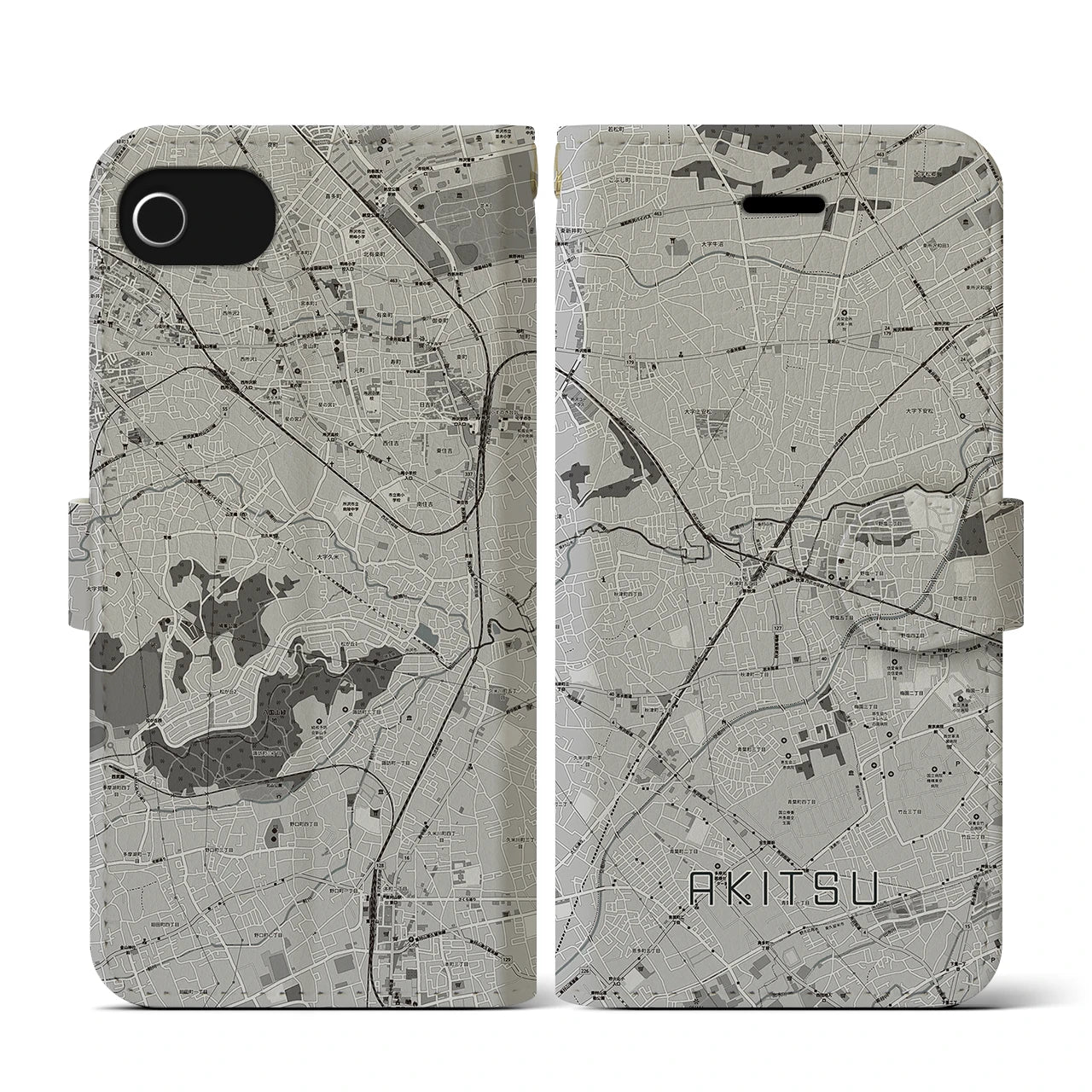 【秋津(東京都)】地図柄iPhoneケース(手帳タイプ)モノトーン・iPhone SE(第3 / 第2世代) / 8 / 7 / 6s / 6 用