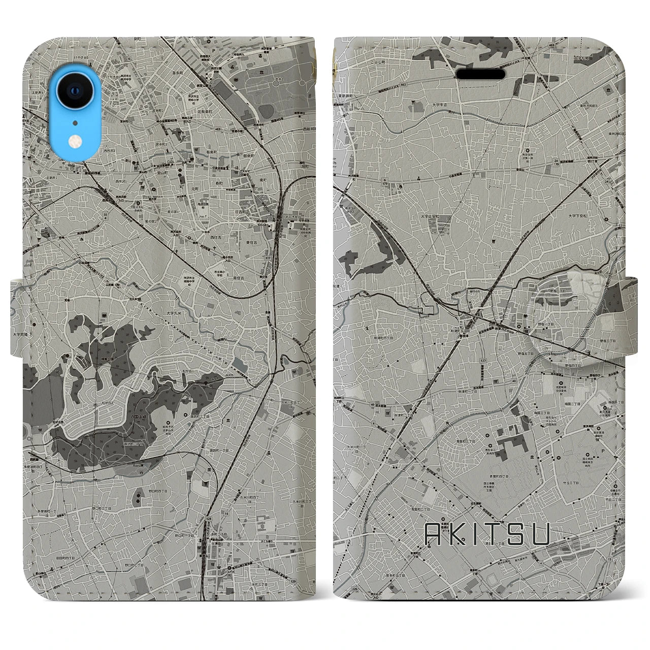 【秋津(東京都)】地図柄iPhoneケース(手帳タイプ)モノトーン・iPhone XR 用