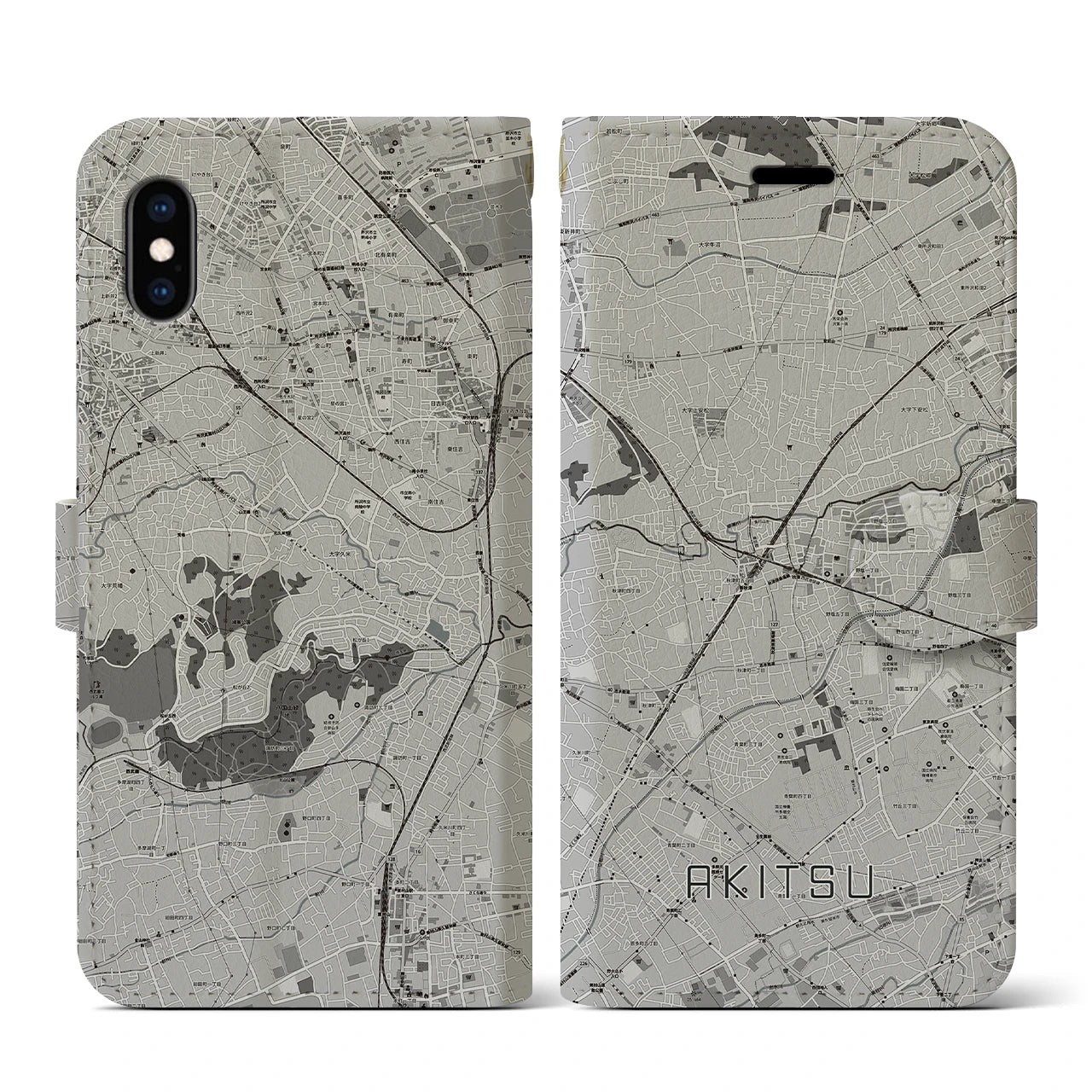 【秋津(東京都)】地図柄iPhoneケース(手帳タイプ)モノトーン・iPhone XS / X 用