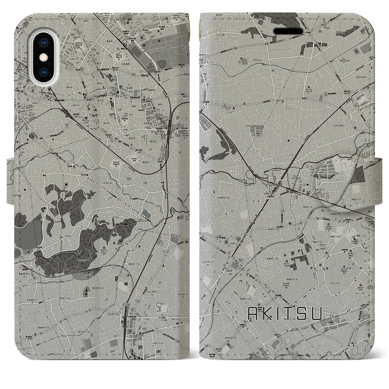 【秋津(東京都)】地図柄iPhoneケース(手帳タイプ)モノトーン・iPhone XS Max 用