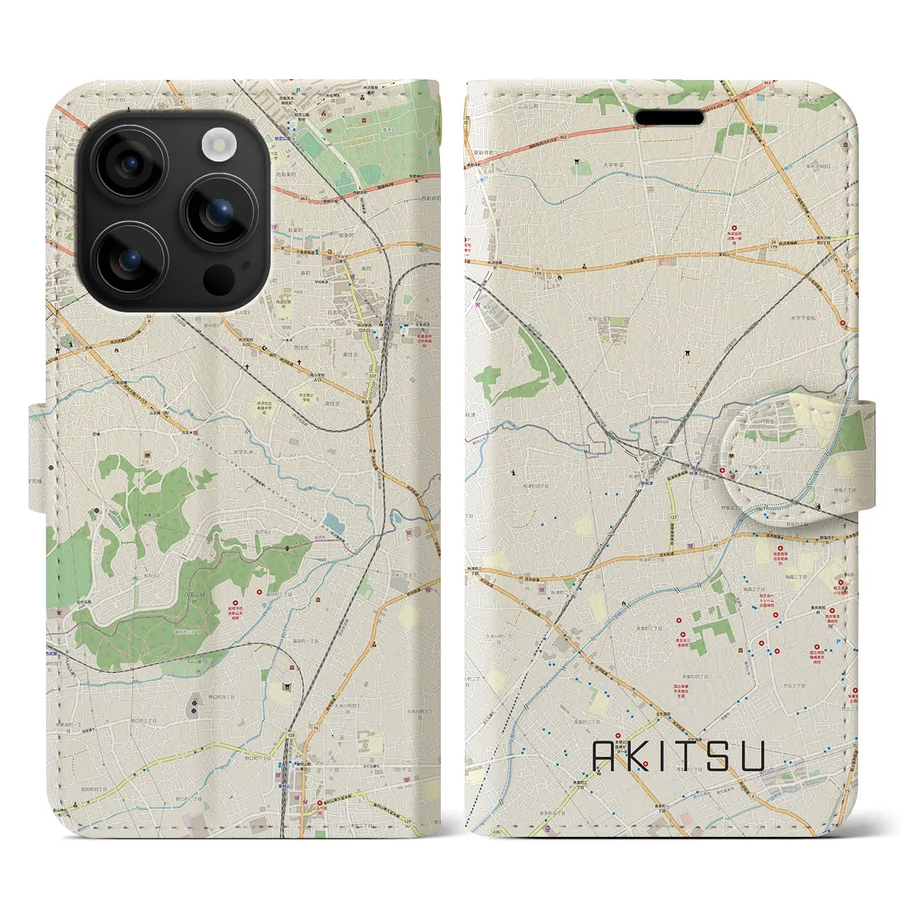 【秋津(東京都)】地図柄iPhoneケース(手帳タイプ)ナチュラル・iPhone 16 用
