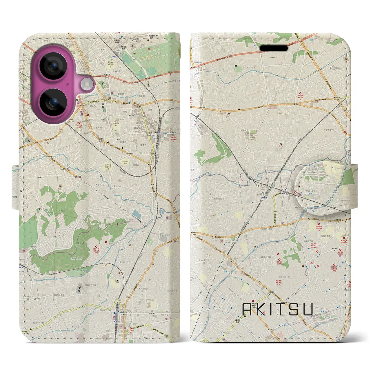 【秋津(東京都)】地図柄iPhoneケース(手帳タイプ)ナチュラル・iPhone 16 Pro 用