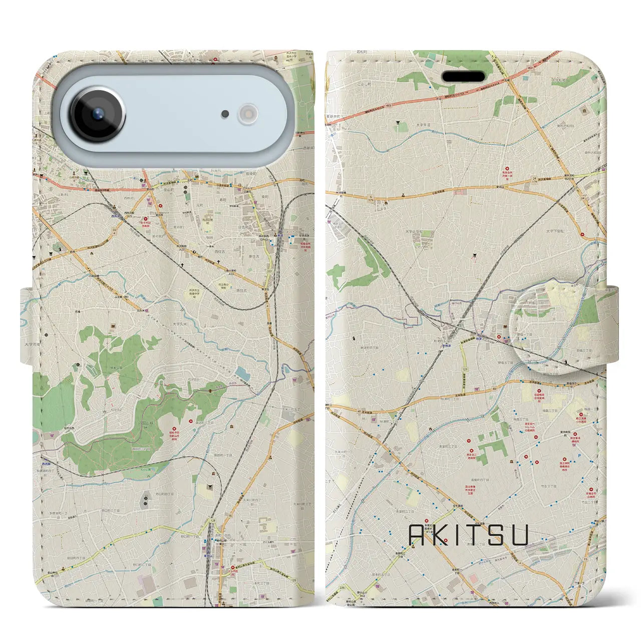 【秋津(東京都)】地図柄iPhoneケース(手帳タイプ)ナチュラル・iPhone 17 Pro Max 用