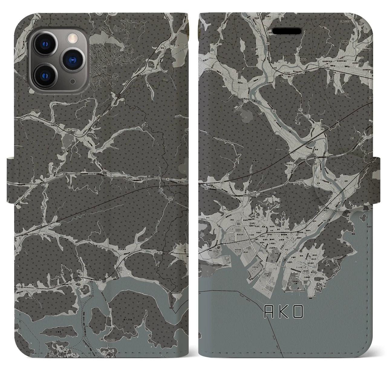 【赤穂(兵庫県)】地図柄iPhoneケース(手帳タイプ)モノトーン・iPhone 11 Pro Max 用