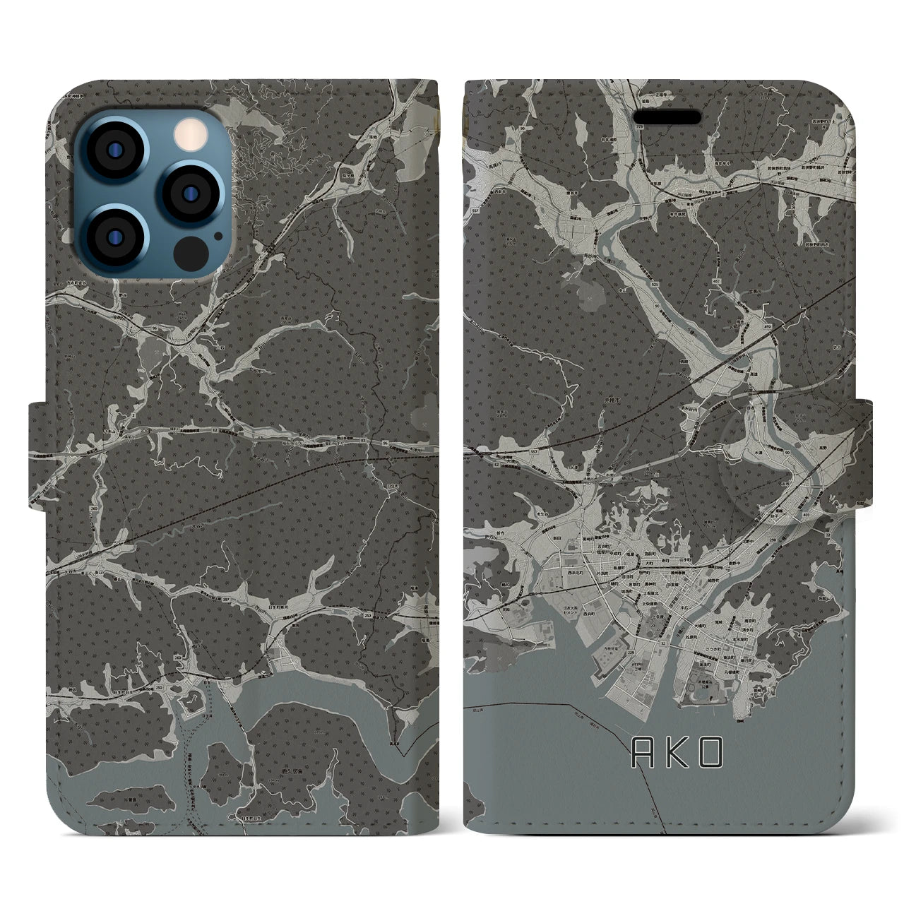 【赤穂(兵庫県)】地図柄iPhoneケース(手帳タイプ)モノトーン・iPhone 12 / 12 Pro 用