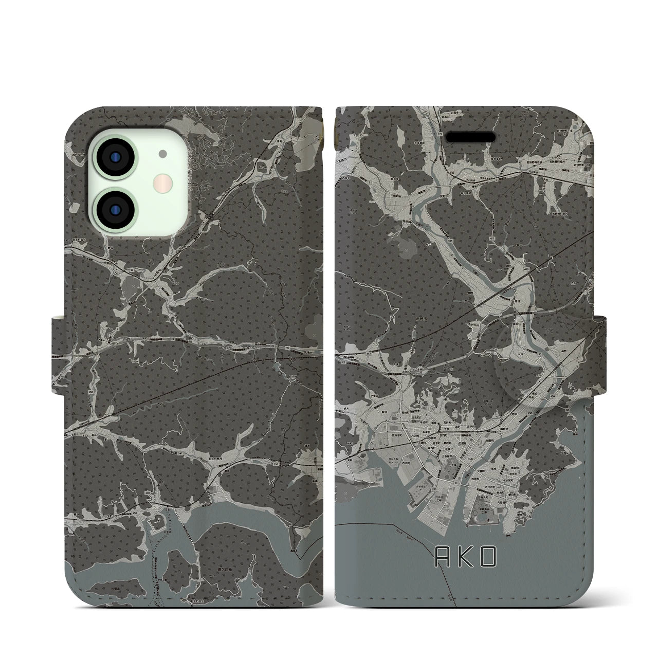【赤穂(兵庫県)】地図柄iPhoneケース(手帳タイプ)モノトーン・iPhone 12 mini 用