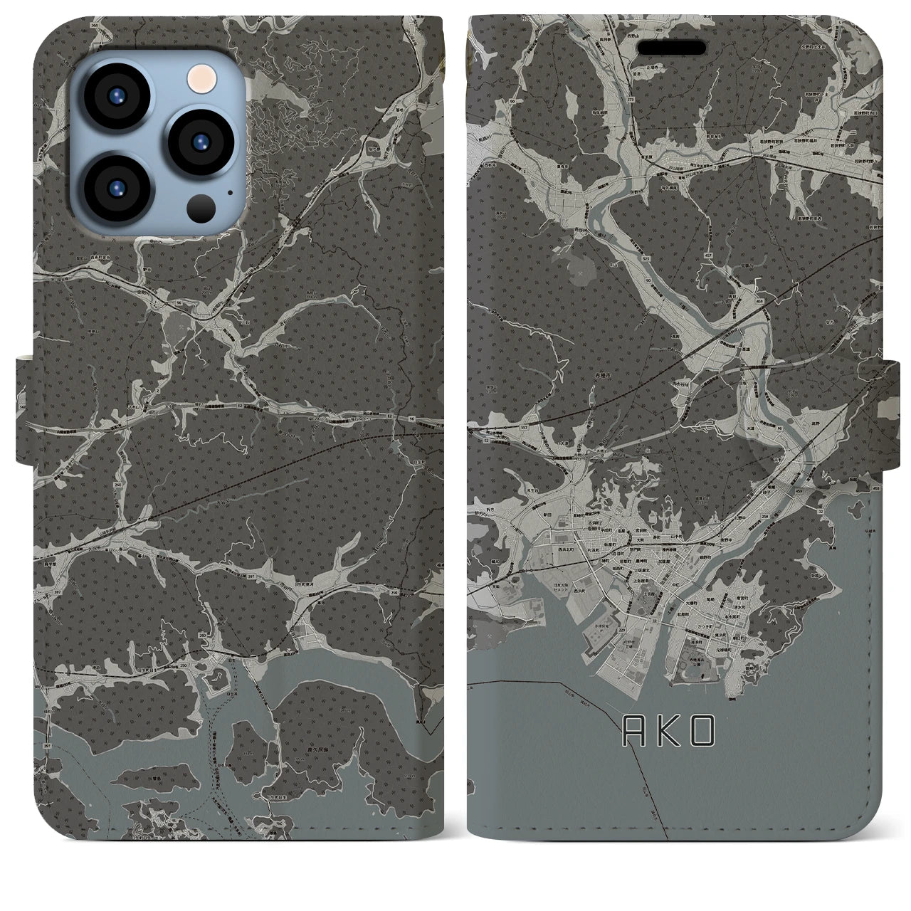 【赤穂(兵庫県)】地図柄iPhoneケース(手帳タイプ)モノトーン・iPhone 13 Pro Max 用