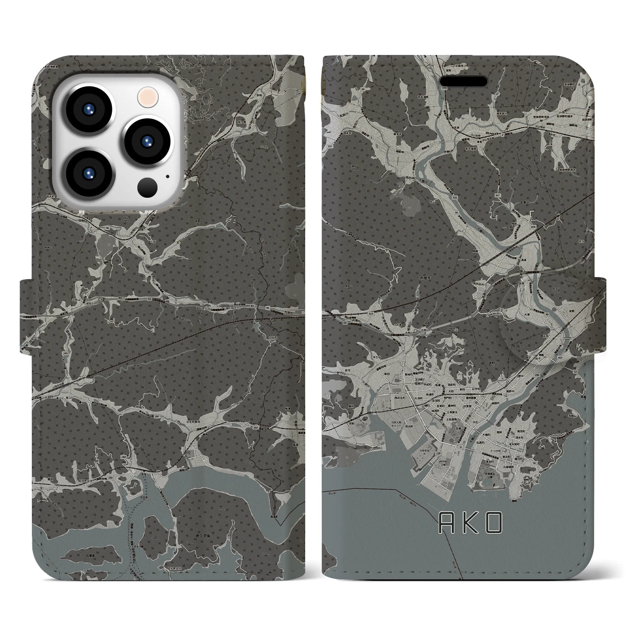 【赤穂(兵庫県)】地図柄iPhoneケース(手帳タイプ)モノトーン・iPhone 13 Pro 用