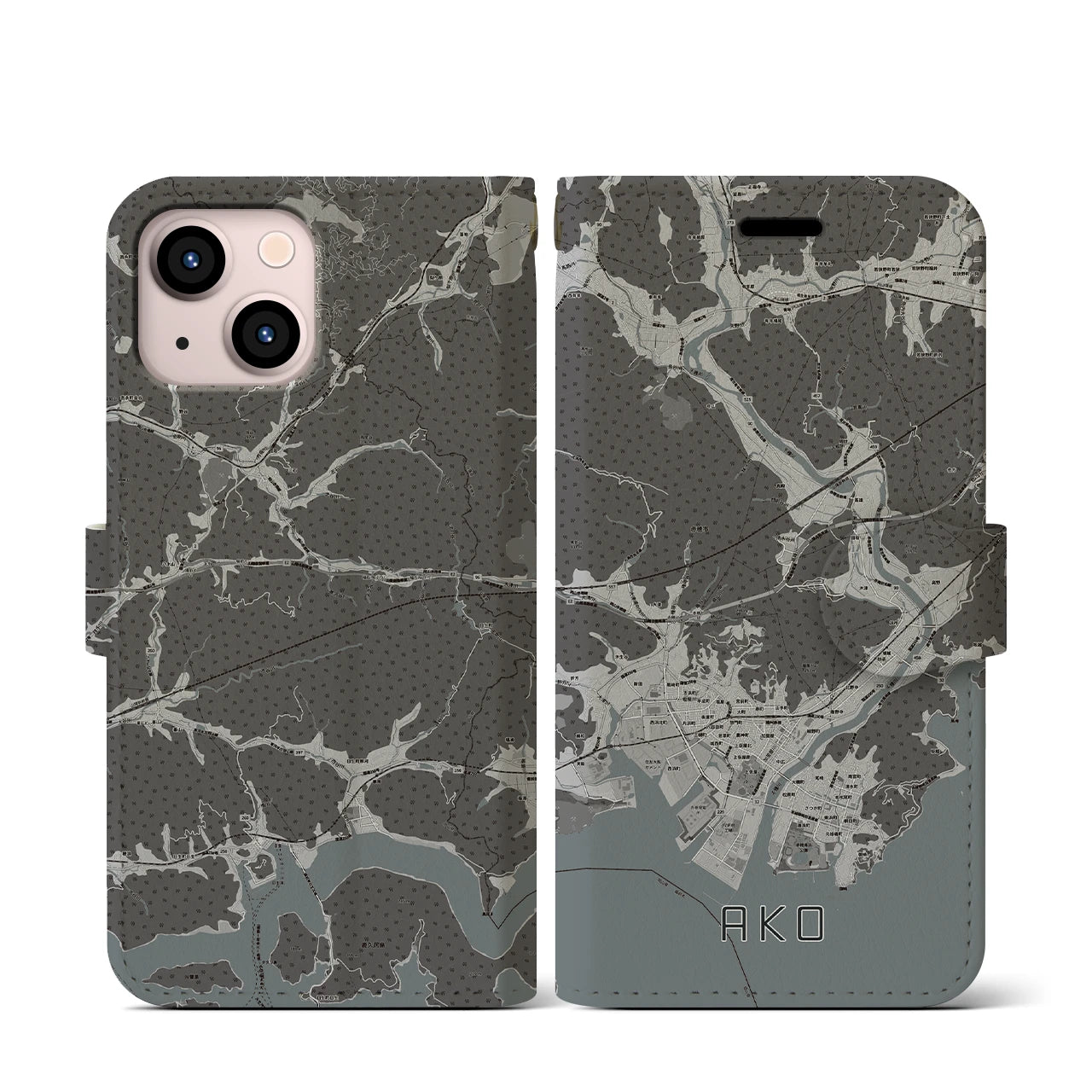 【赤穂(兵庫県)】地図柄iPhoneケース(手帳タイプ)モノトーン・iPhone 13 mini 用