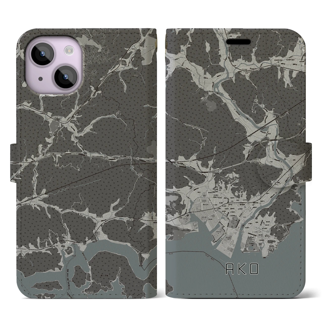【赤穂(兵庫県)】地図柄iPhoneケース(手帳タイプ)モノトーン・iPhone 14 用