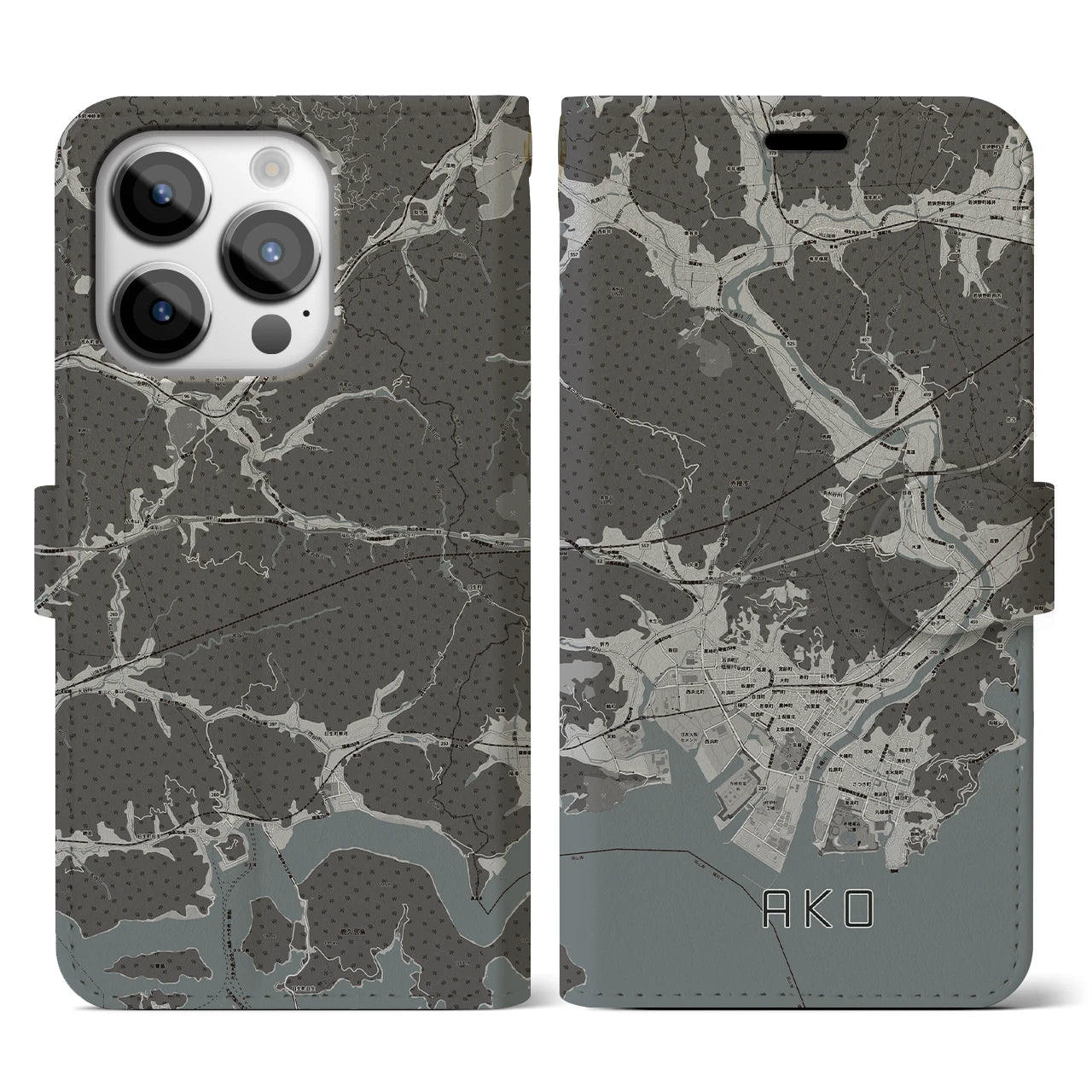 【赤穂(兵庫県)】地図柄iPhoneケース(手帳タイプ)モノトーン・iPhone 14 Pro 用
