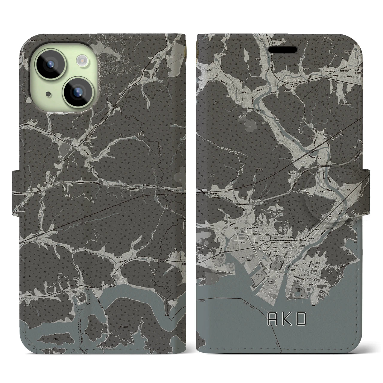 【赤穂(兵庫県)】地図柄iPhoneケース(手帳タイプ)モノトーン・iPhone 15 用