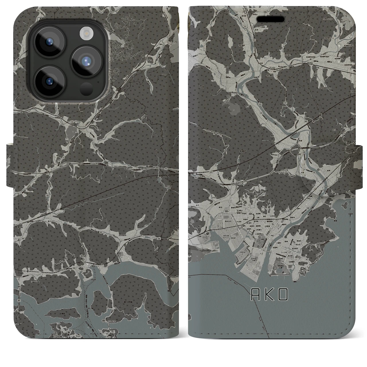 【赤穂(兵庫県)】地図柄iPhoneケース(手帳タイプ)モノトーン・iPhone 15 Pro Max 用