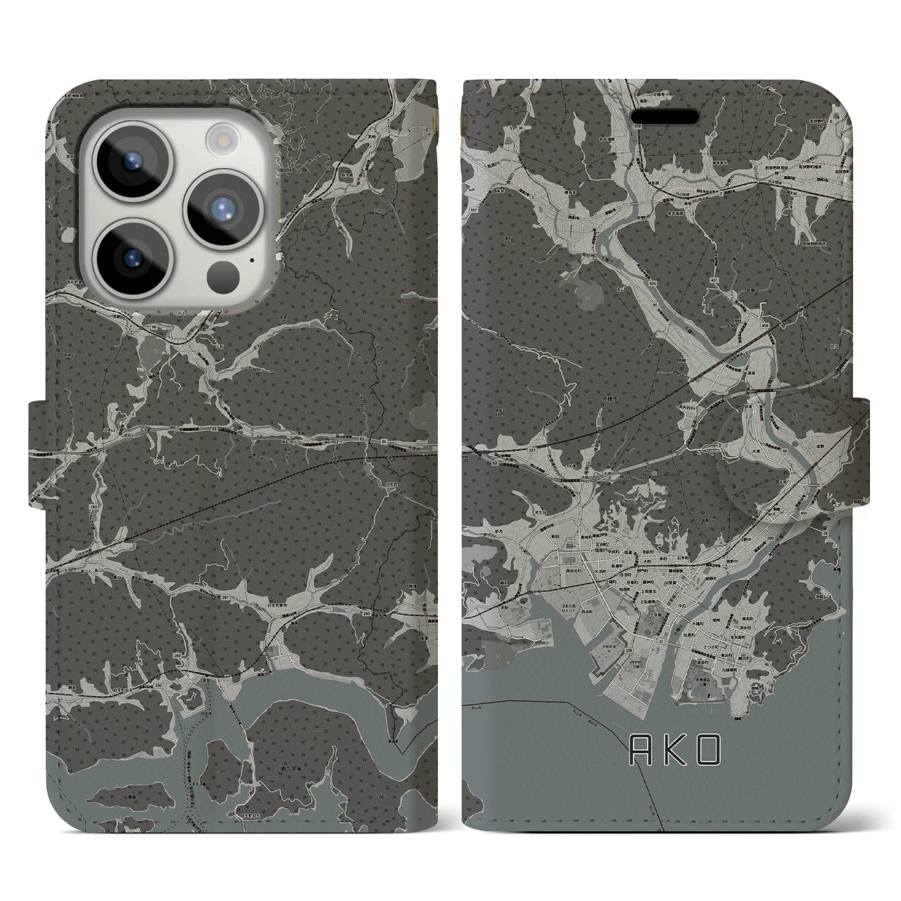 【赤穂(兵庫県)】地図柄iPhoneケース(手帳タイプ)モノトーン・iPhone 15 Pro 用