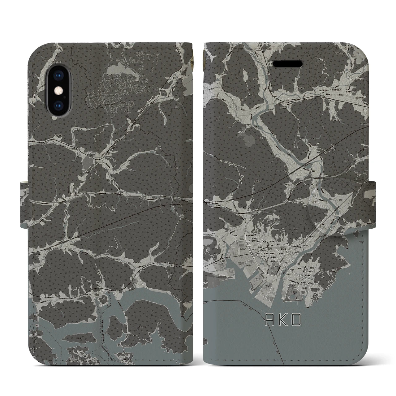 【赤穂(兵庫県)】地図柄iPhoneケース(手帳タイプ)モノトーン・iPhone XS / X 用