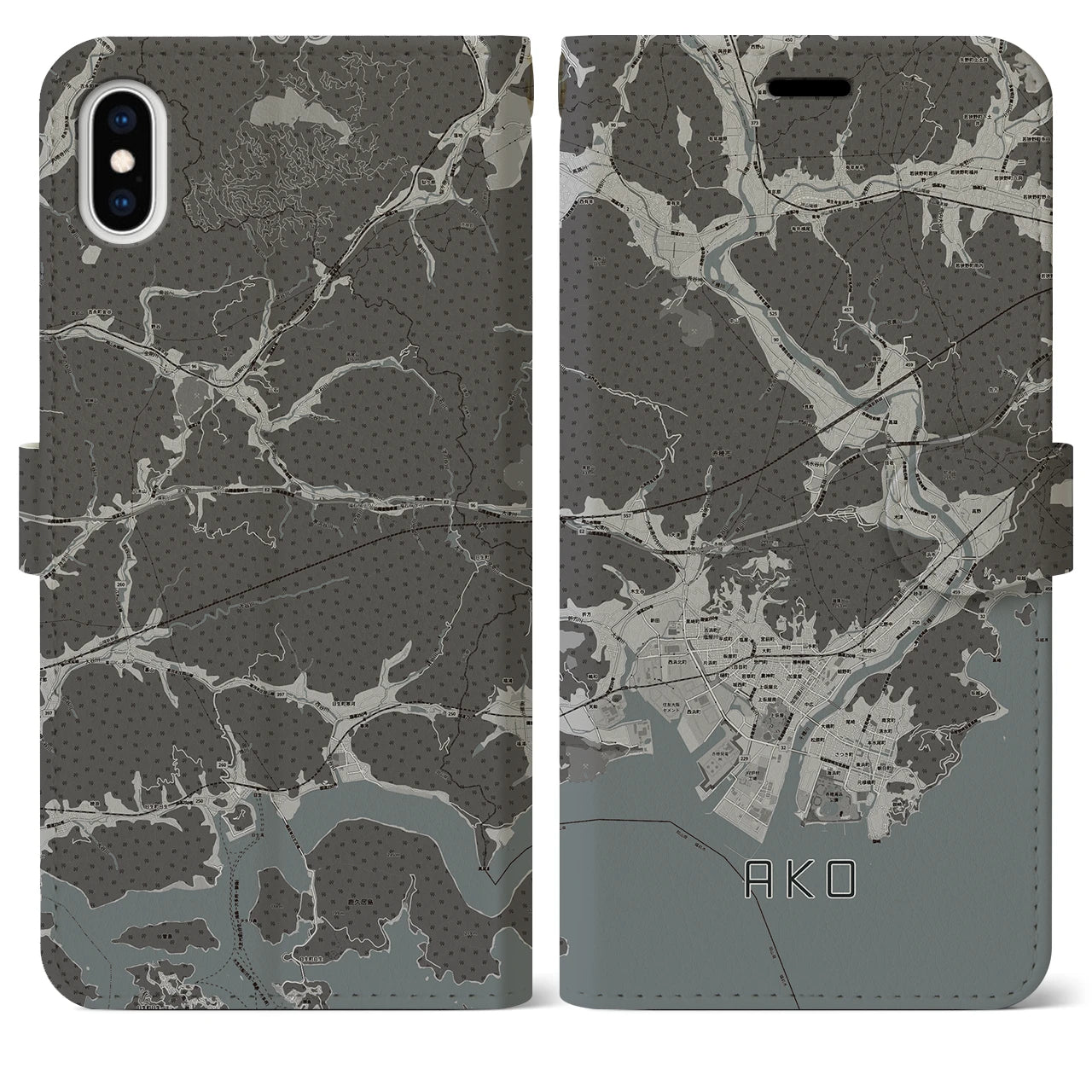 【赤穂(兵庫県)】地図柄iPhoneケース(手帳タイプ)モノトーン・iPhone XS Max 用