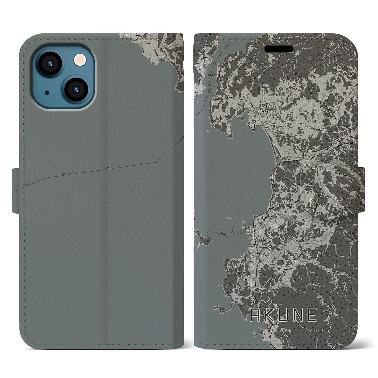 【阿久根(鹿児島県)】地図柄iPhoneケース(手帳タイプ)モノトーン・iPhone 13 用