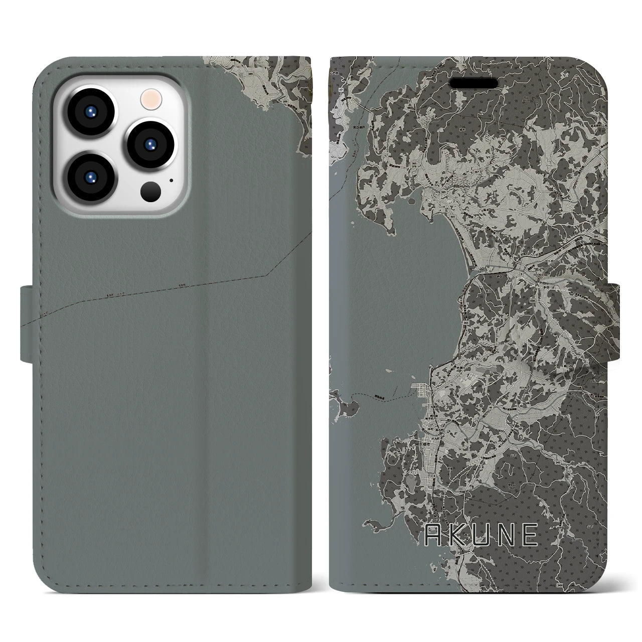 【阿久根(鹿児島県)】地図柄iPhoneケース(手帳タイプ)モノトーン・iPhone 13 Pro 用