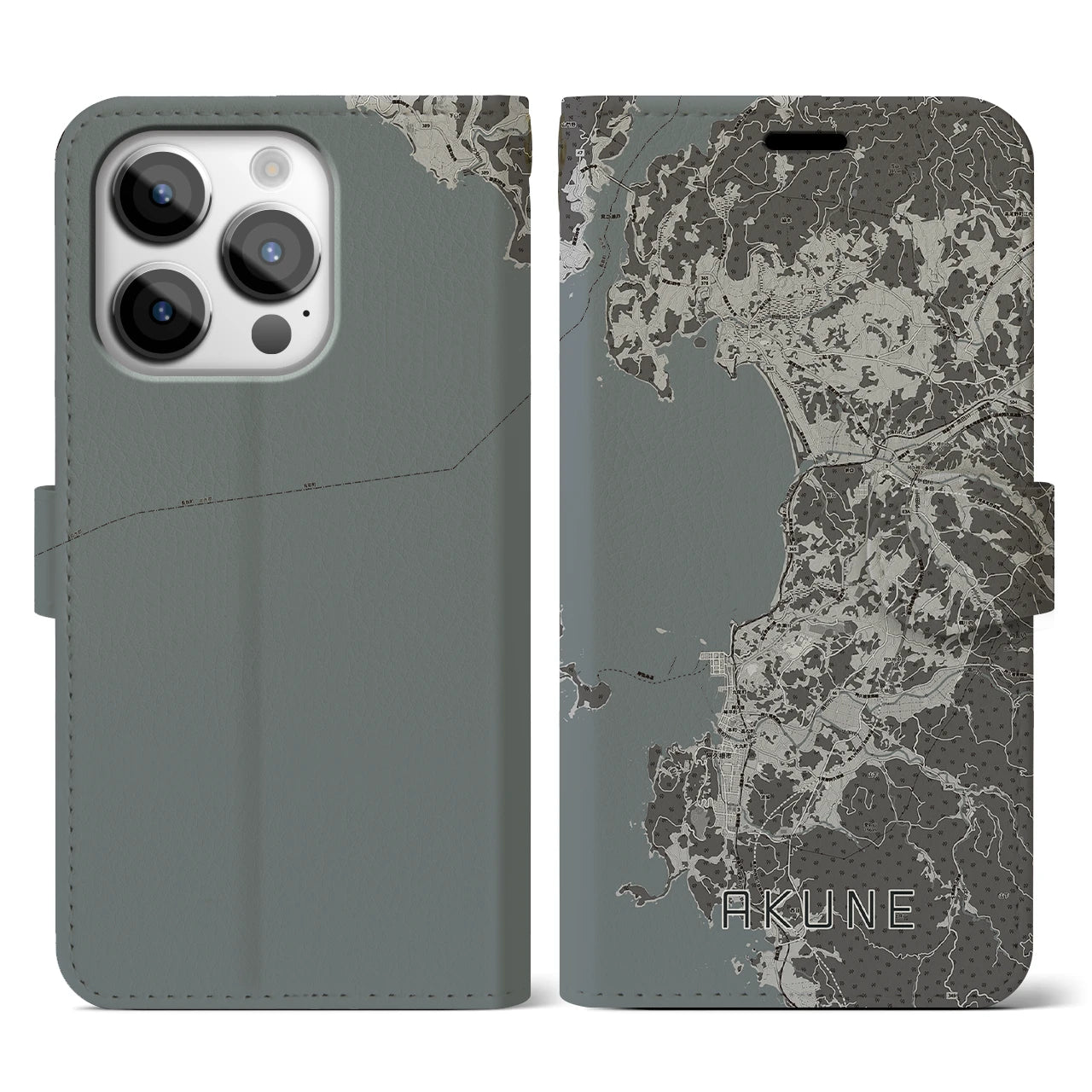 【阿久根(鹿児島県)】地図柄iPhoneケース(手帳タイプ)モノトーン・iPhone 14 Pro 用