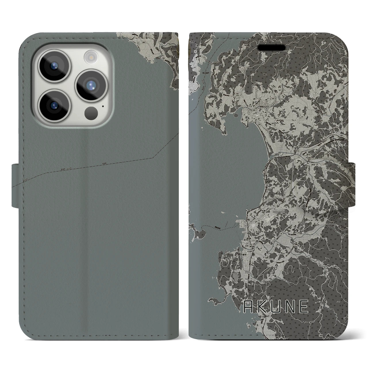 【阿久根(鹿児島県)】地図柄iPhoneケース(手帳タイプ)モノトーン・iPhone 15 Pro 用