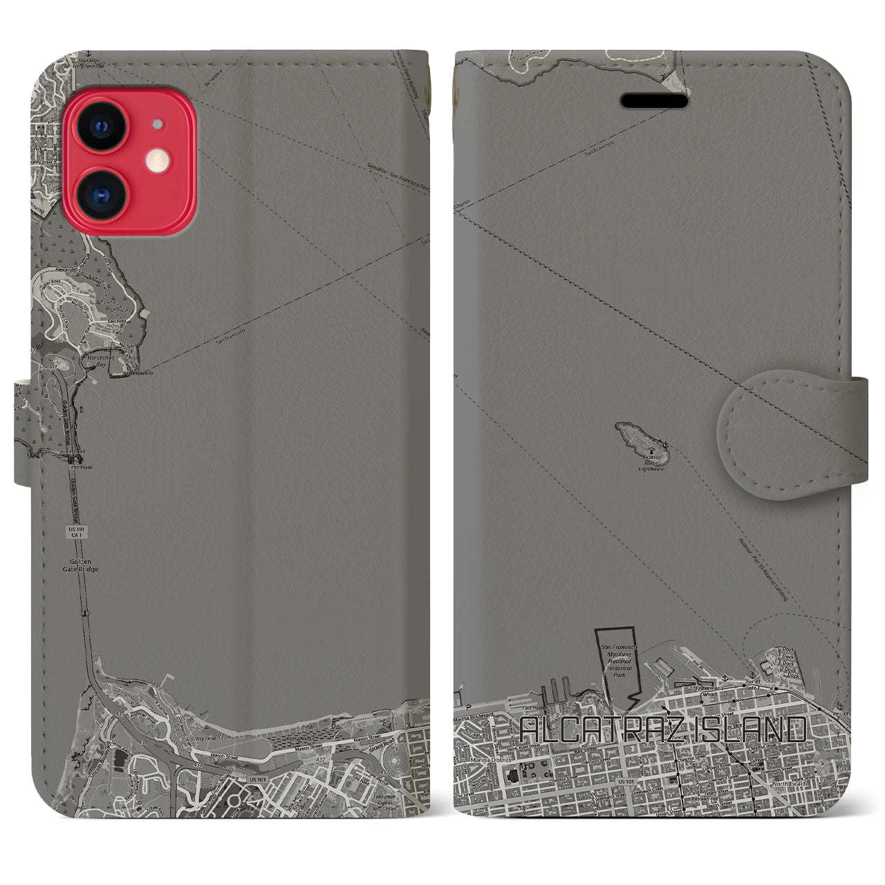 【アルカトラズ島(アメリカ)】地図柄iPhoneケース(手帳タイプ)モノトーン・iPhone 11 用