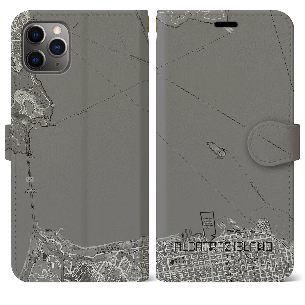 【アルカトラズ島(アメリカ)】地図柄iPhoneケース(手帳タイプ)モノトーン・iPhone 11 Pro Max 用