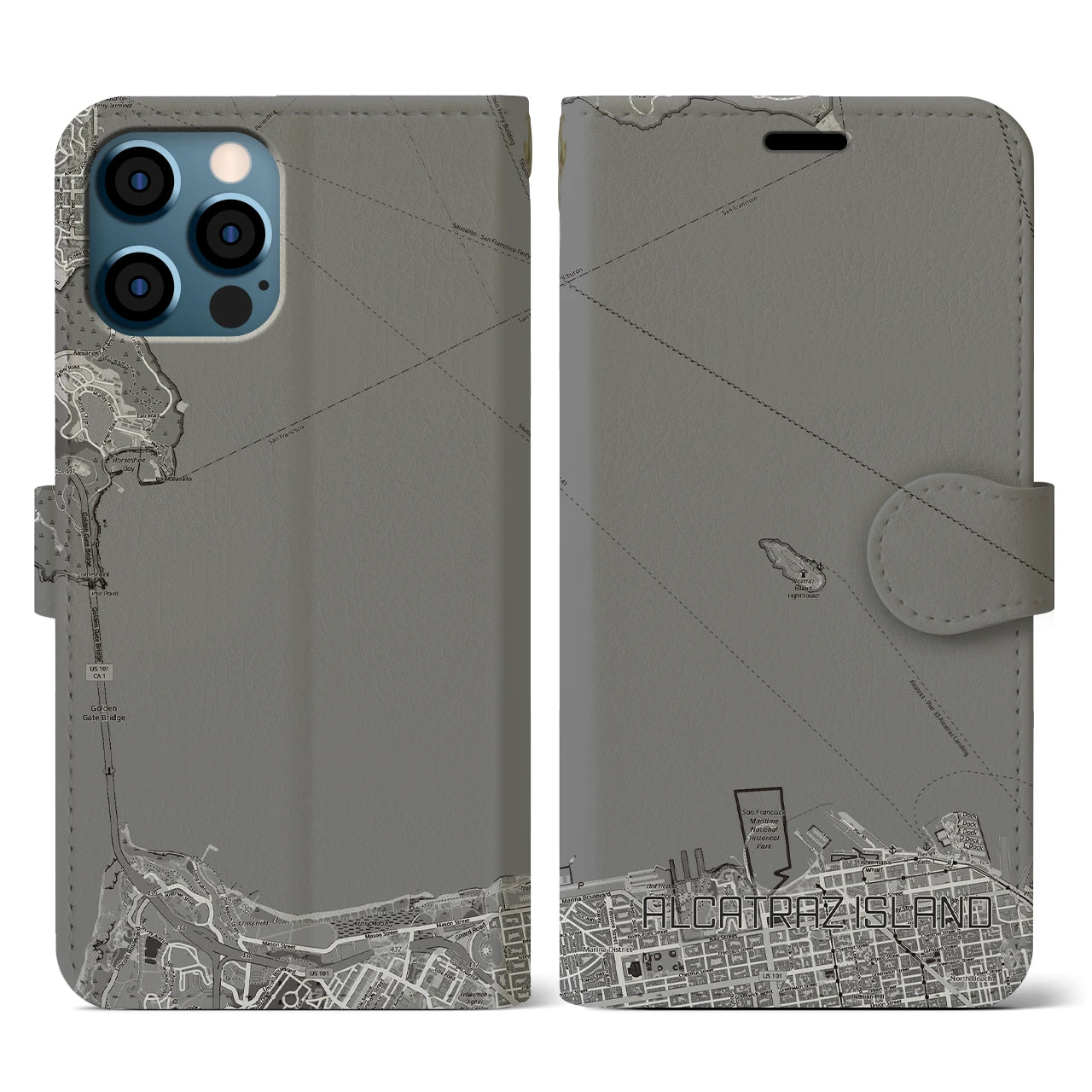 【アルカトラズ島(アメリカ)】地図柄iPhoneケース(手帳タイプ)モノトーン・iPhone 12 / 12 Pro 用