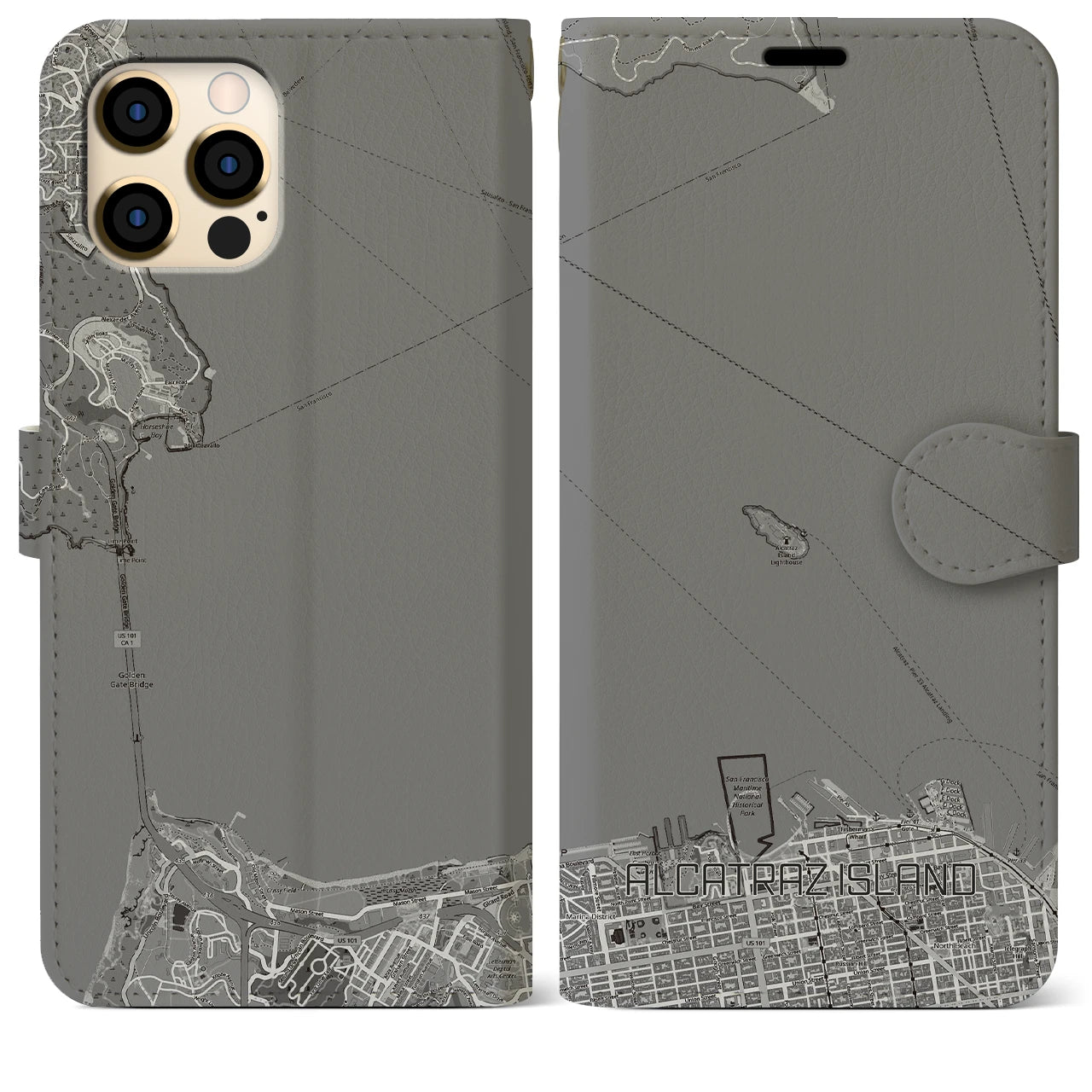 【アルカトラズ島(アメリカ)】地図柄iPhoneケース(手帳タイプ)モノトーン・iPhone 12 Pro Max 用