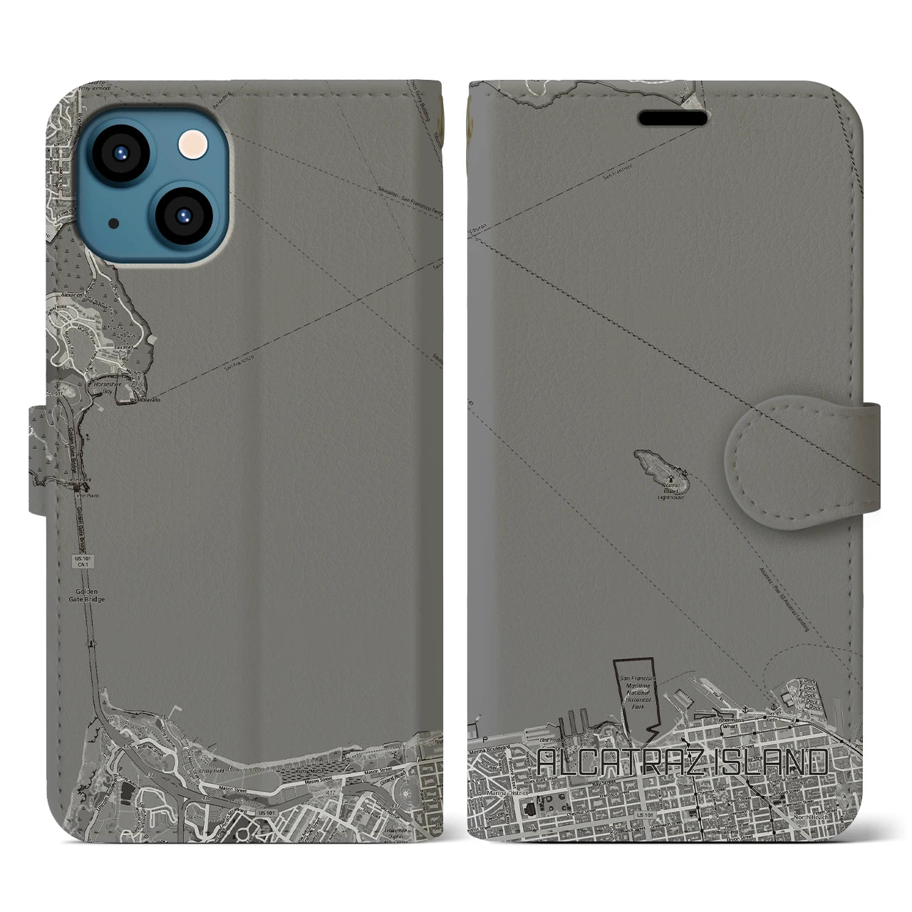 【アルカトラズ島(アメリカ)】地図柄iPhoneケース(手帳タイプ)モノトーン・iPhone 13 用