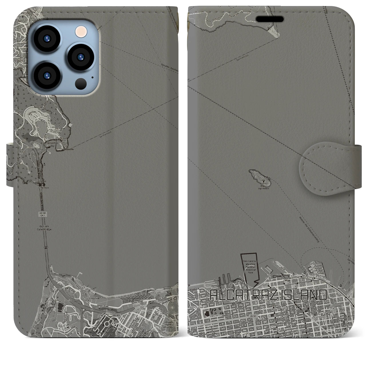 【アルカトラズ島(アメリカ)】地図柄iPhoneケース(手帳タイプ)モノトーン・iPhone 13 Pro Max 用