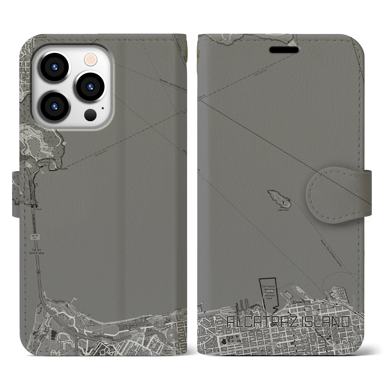 【アルカトラズ島(アメリカ)】地図柄iPhoneケース(手帳タイプ)モノトーン・iPhone 13 Pro 用