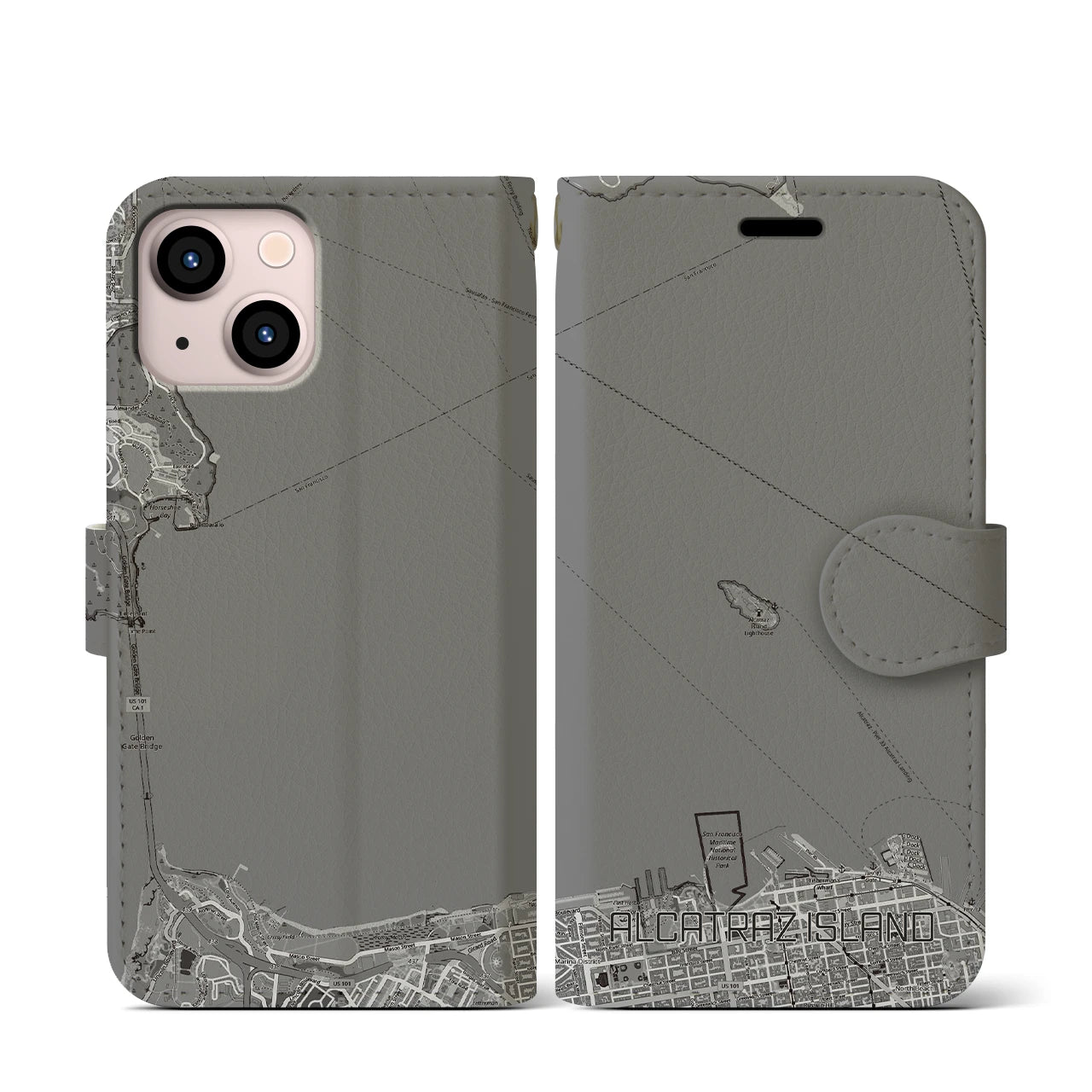 【アルカトラズ島(アメリカ)】地図柄iPhoneケース(手帳タイプ)モノトーン・iPhone 13 mini 用
