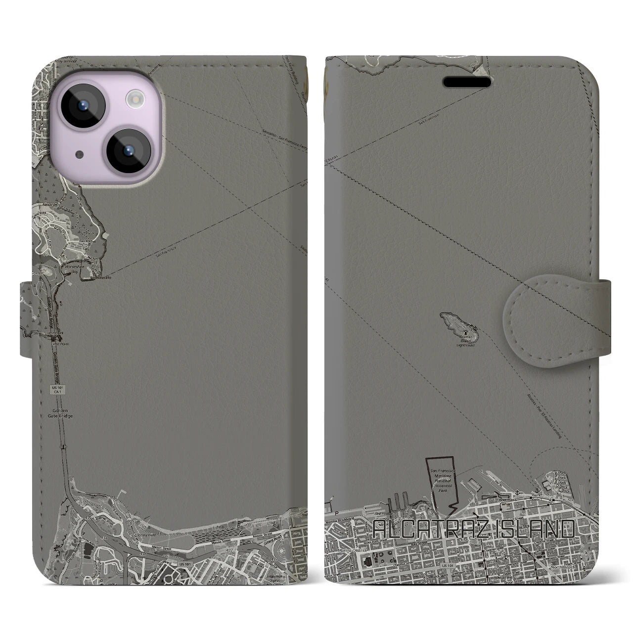 【アルカトラズ島(アメリカ)】地図柄iPhoneケース(手帳タイプ)モノトーン・iPhone 14 用