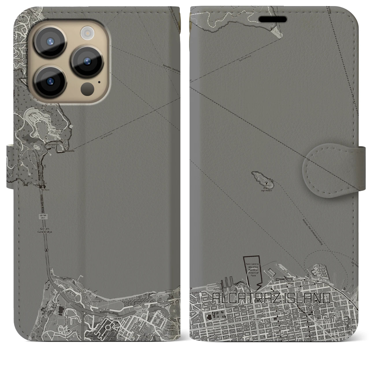 【アルカトラズ島(アメリカ)】地図柄iPhoneケース(手帳タイプ)モノトーン・iPhone 14 Pro Max 用