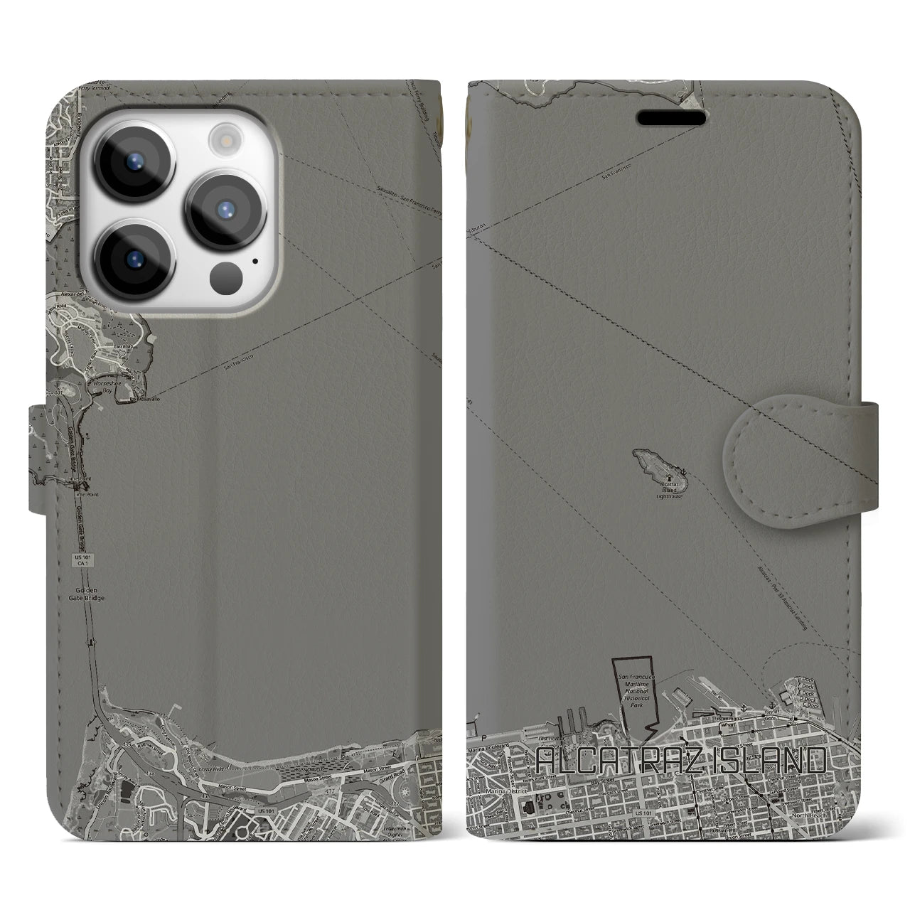 【アルカトラズ島(アメリカ)】地図柄iPhoneケース(手帳タイプ)モノトーン・iPhone 14 Pro 用