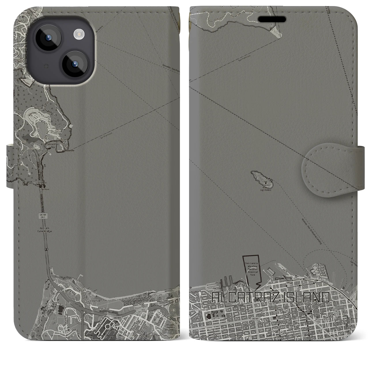 【アルカトラズ島(アメリカ)】地図柄iPhoneケース(手帳タイプ)モノトーン・iPhone 14 Plus 用