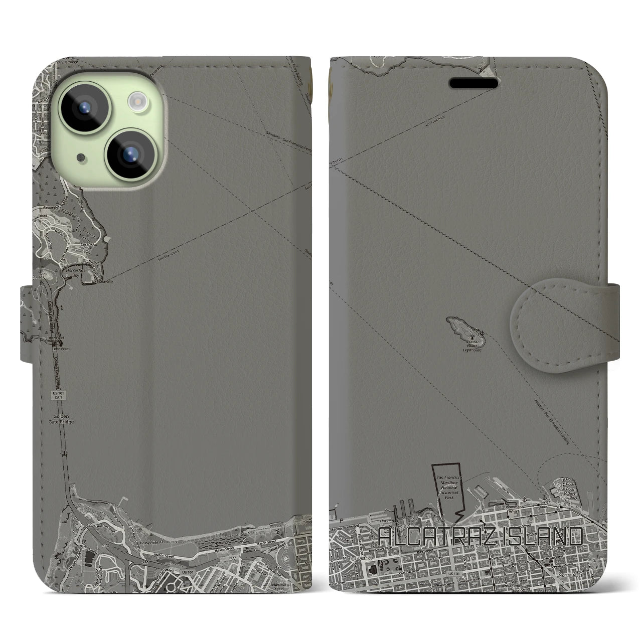 【アルカトラズ島(アメリカ)】地図柄iPhoneケース(手帳タイプ)モノトーン・iPhone 15 用
