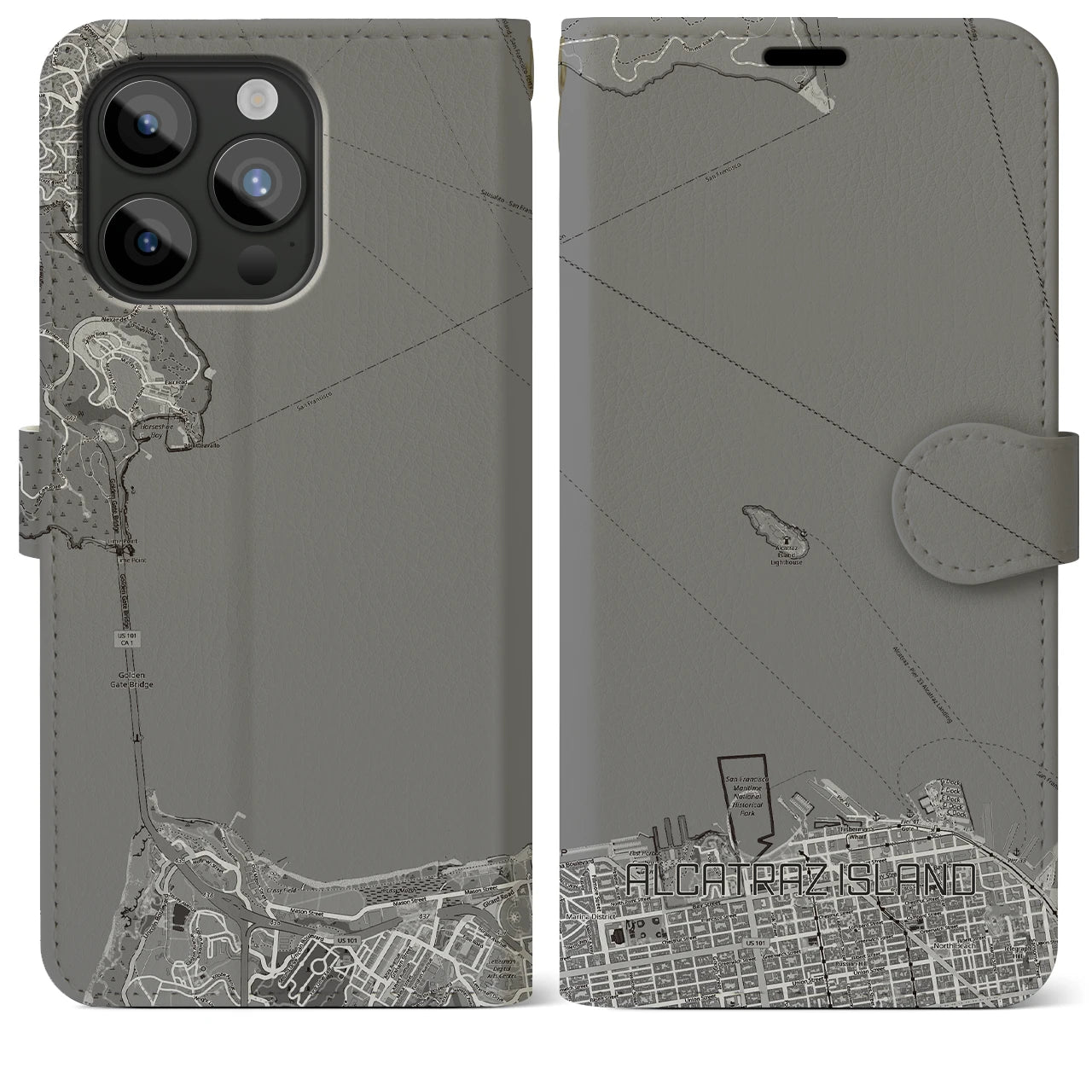 【アルカトラズ島(アメリカ)】地図柄iPhoneケース(手帳タイプ)モノトーン・iPhone 15 Pro Max 用