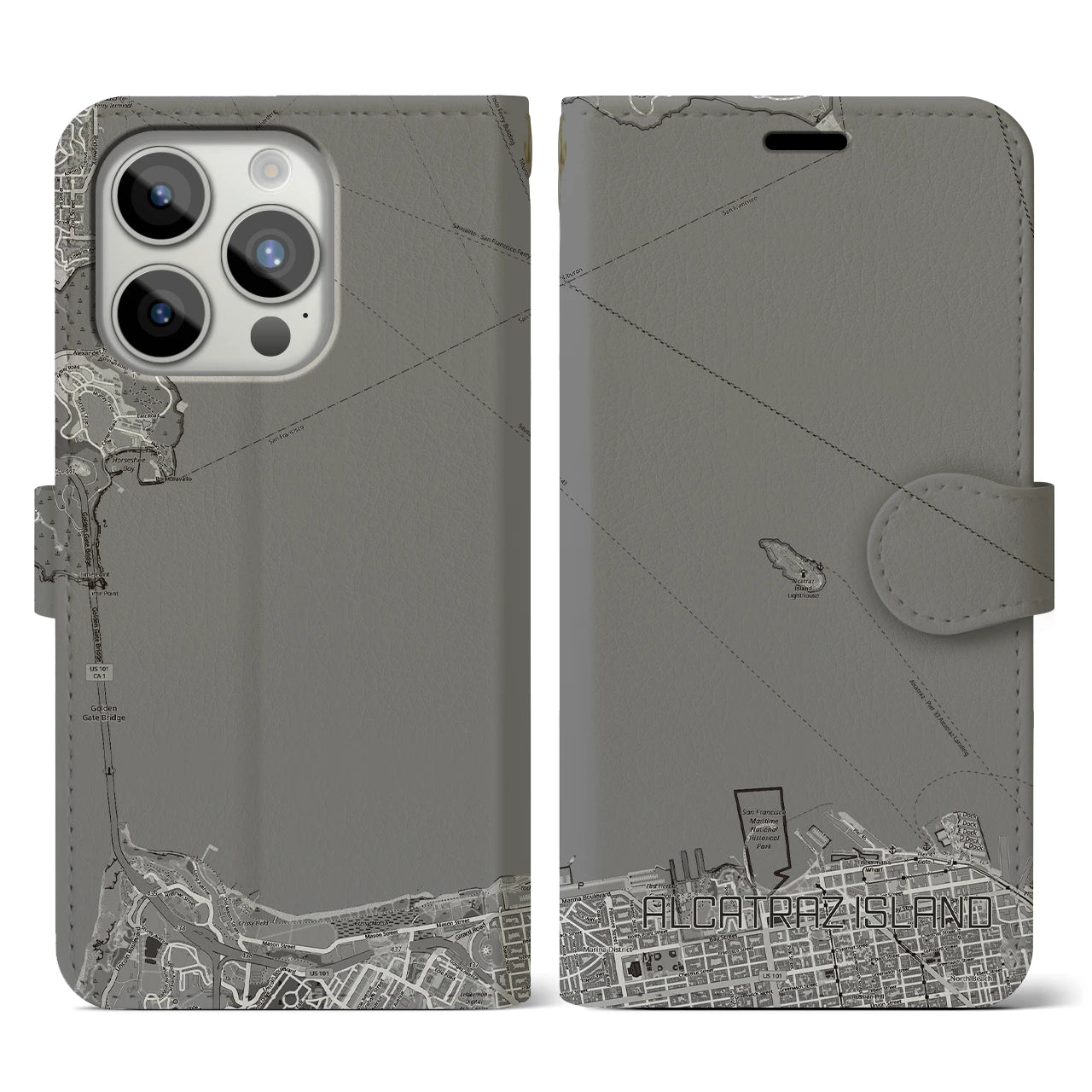 【アルカトラズ島(アメリカ)】地図柄iPhoneケース(手帳タイプ)モノトーン・iPhone 15 Pro 用