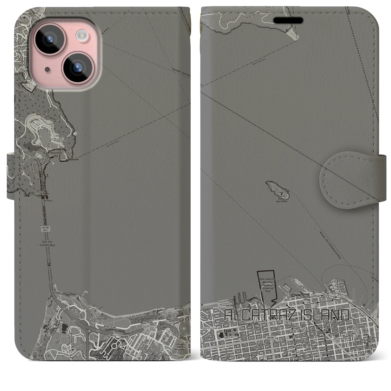 【アルカトラズ島(アメリカ)】地図柄iPhoneケース(手帳タイプ)モノトーン・iPhone 15 Plus 用