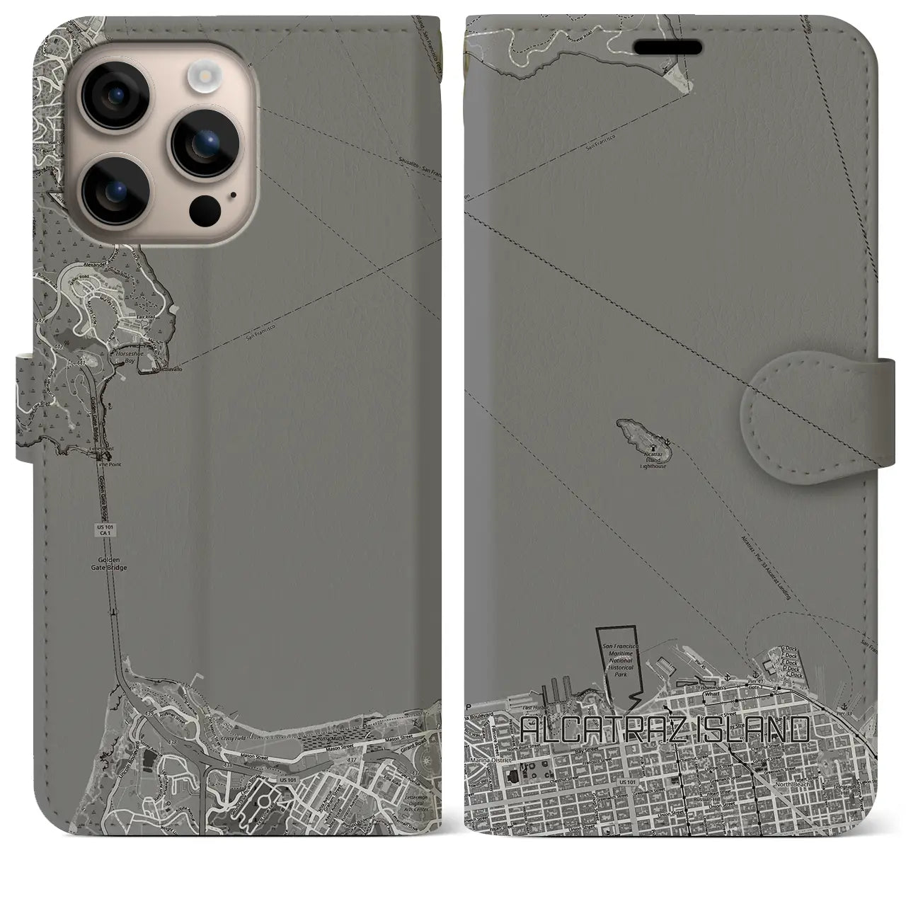 【アルカトラズ島(アメリカ)】地図柄iPhoneケース(手帳タイプ)モノトーン・iPhone 16 Plus 用