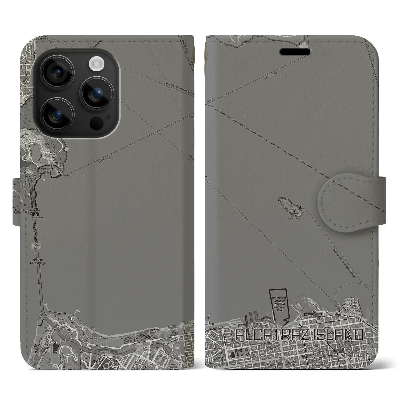 【アルカトラズ島(アメリカ)】地図柄iPhoneケース(手帳タイプ)モノトーン・iPhone 16 用