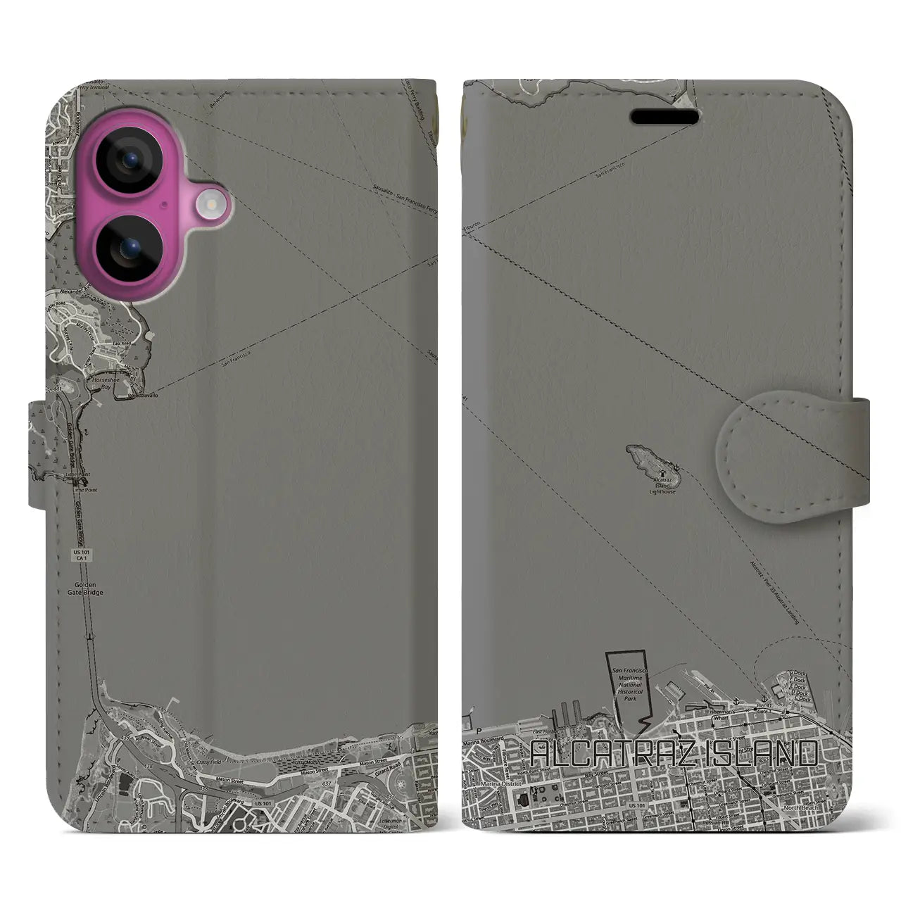 【アルカトラズ島(アメリカ)】地図柄iPhoneケース(手帳タイプ)モノトーン・iPhone 16 Pro 用