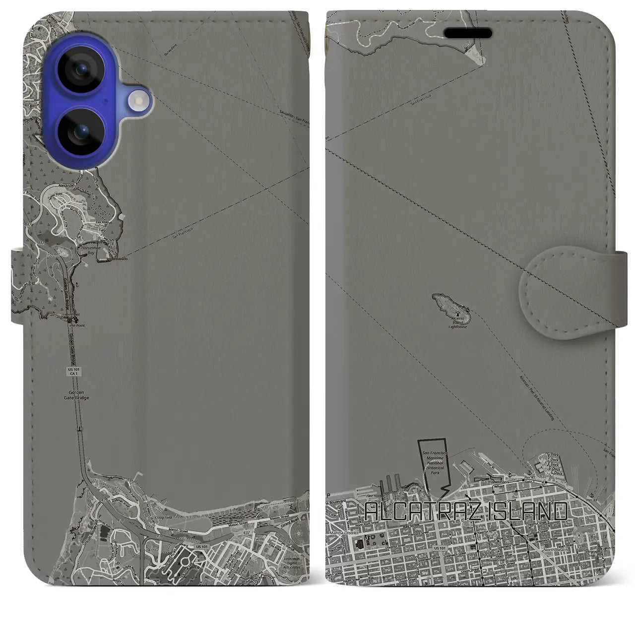 【アルカトラズ島(アメリカ)】地図柄iPhoneケース(手帳タイプ)モノトーン・iPhone 16 Pro Max 用