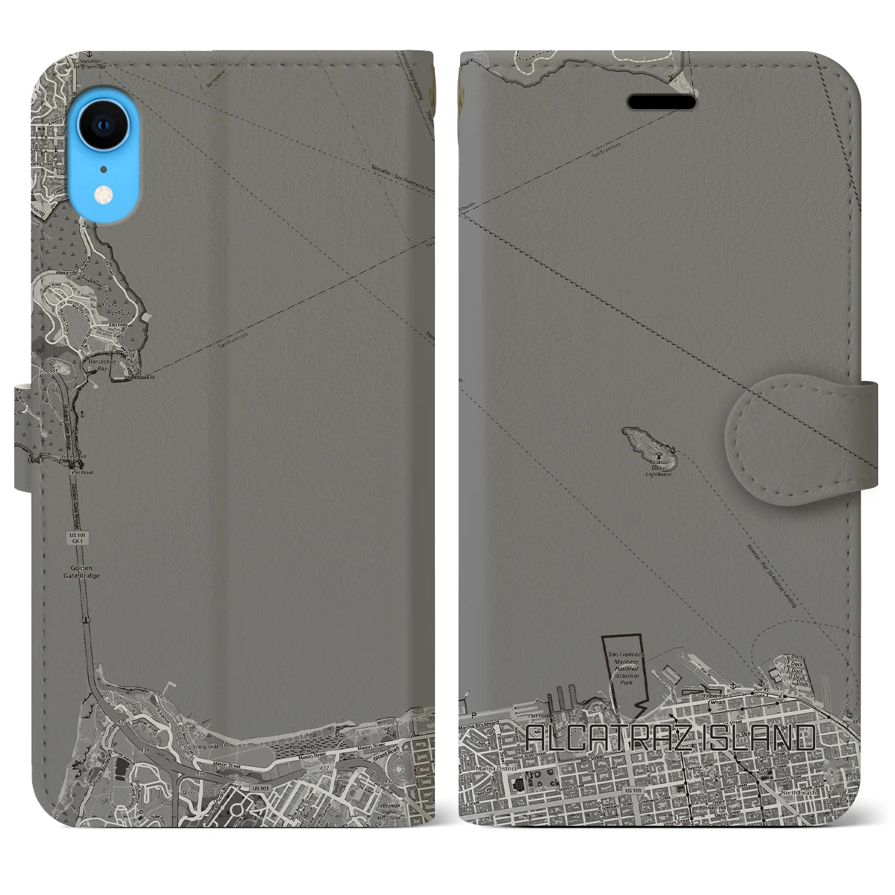 【アルカトラズ島(アメリカ)】地図柄iPhoneケース(手帳タイプ)モノトーン・iPhone XR 用
