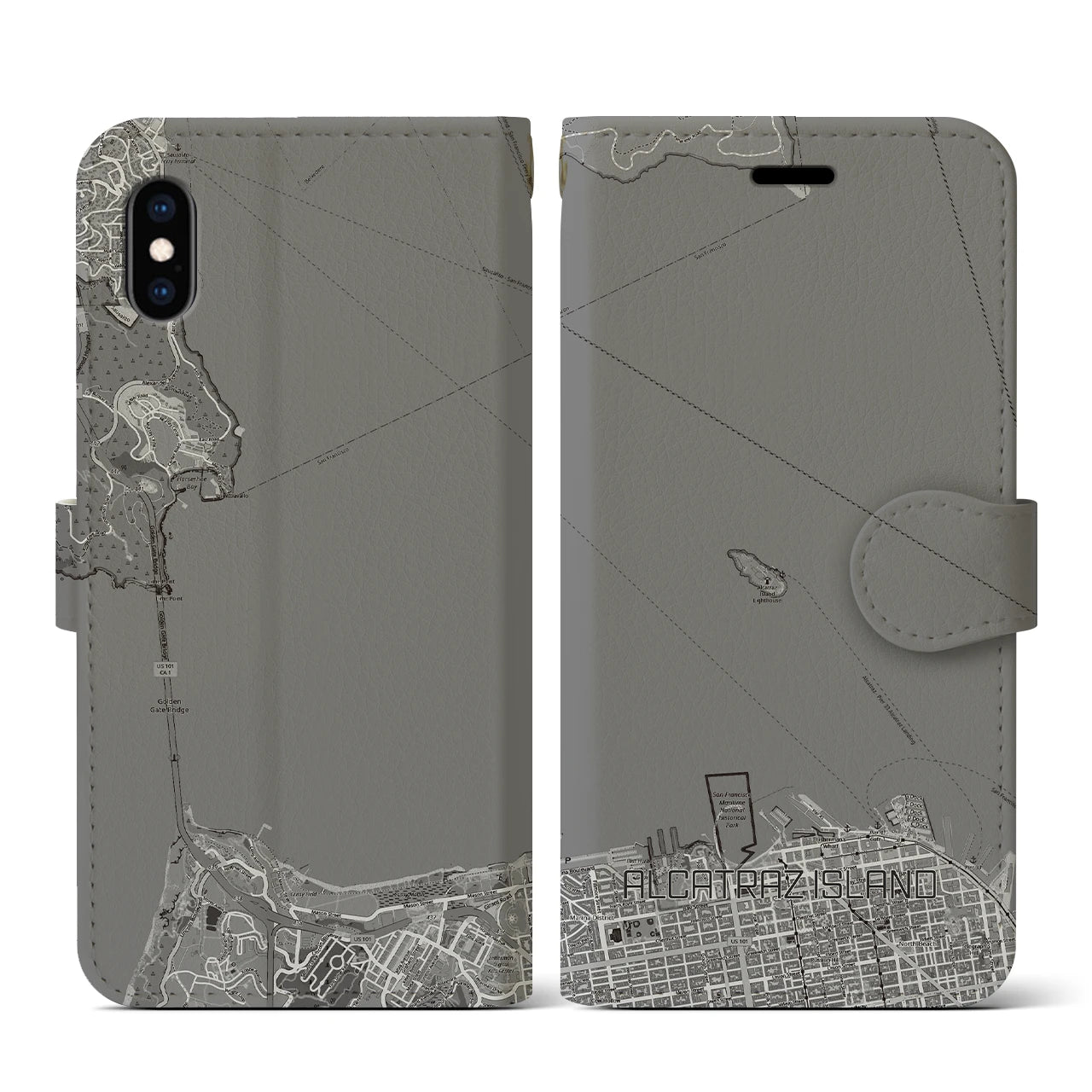【アルカトラズ島(アメリカ)】地図柄iPhoneケース(手帳タイプ)モノトーン・iPhone XS / X 用