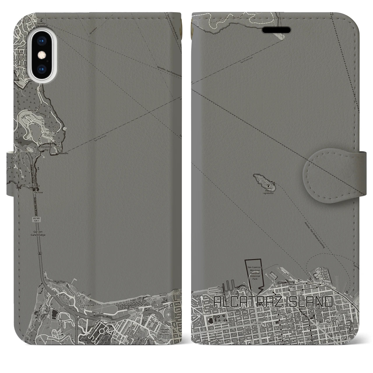 【アルカトラズ島(アメリカ)】地図柄iPhoneケース(手帳タイプ)モノトーン・iPhone XS Max 用